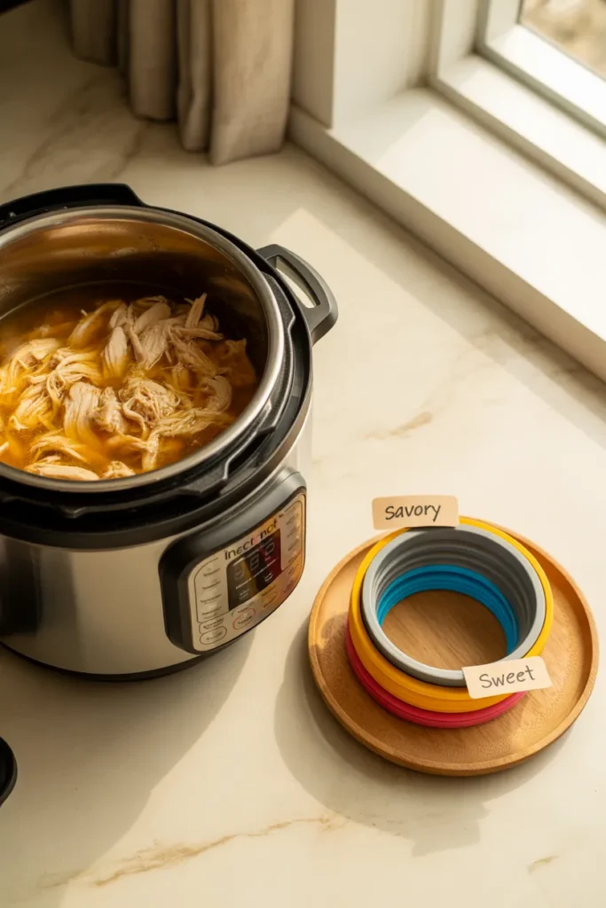 Instant Pot with shredded chicken alongside two extra silicone sealing rings for savory and sweet rotation.