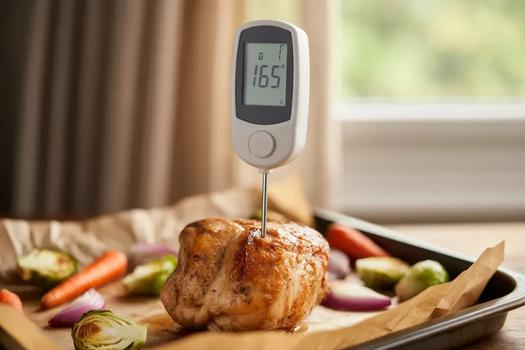 Instant-read thermometer in a chicken cube showing 165 degrees on a roasted sheet pan