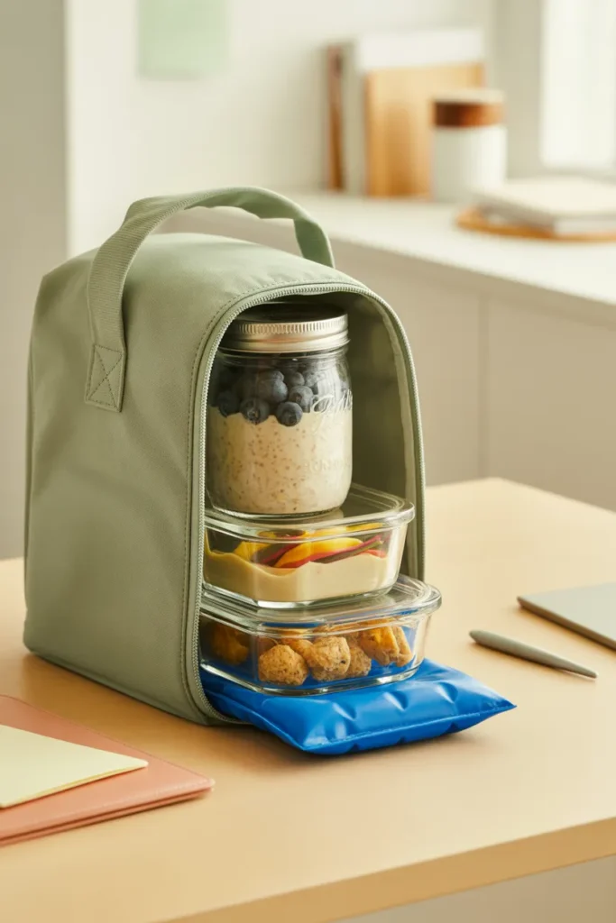 Insulated lunch bag packed with healthy snack meal prep containers including overnight oats and hummus box.
