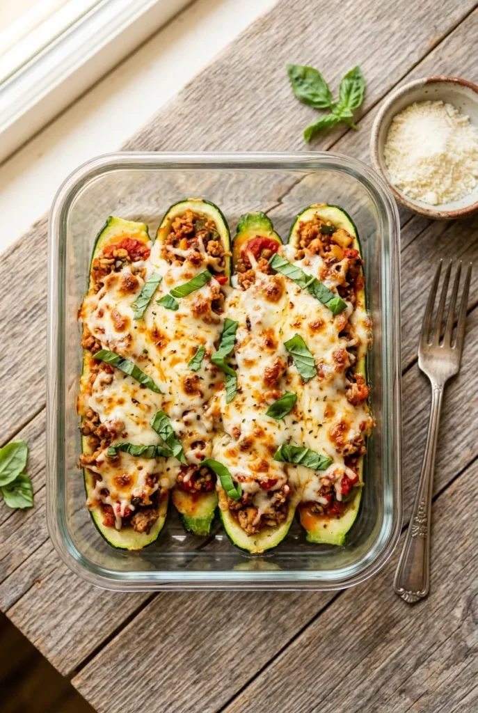 Italian ground turkey zucchini boats meal prep with melted mozzarella and fresh basil in a glass container.