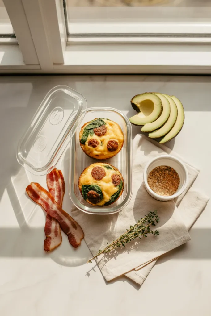 Keto breakfast meal prep container with sausage spinach egg muffins, avocado, and bacon styled for Pinterest.