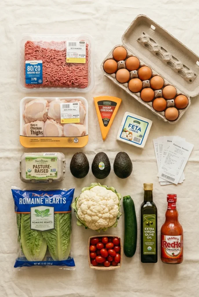 Keto lunch meal prep grocery haul with ground beef, chicken thighs, eggs, avocado, and pantry staples.