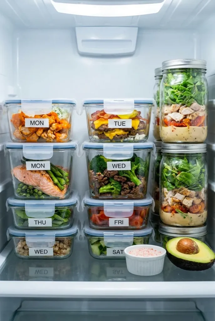 Keto lunch meal prep stored in glass containers and mason jars on a labeled fridge shelf for the week.