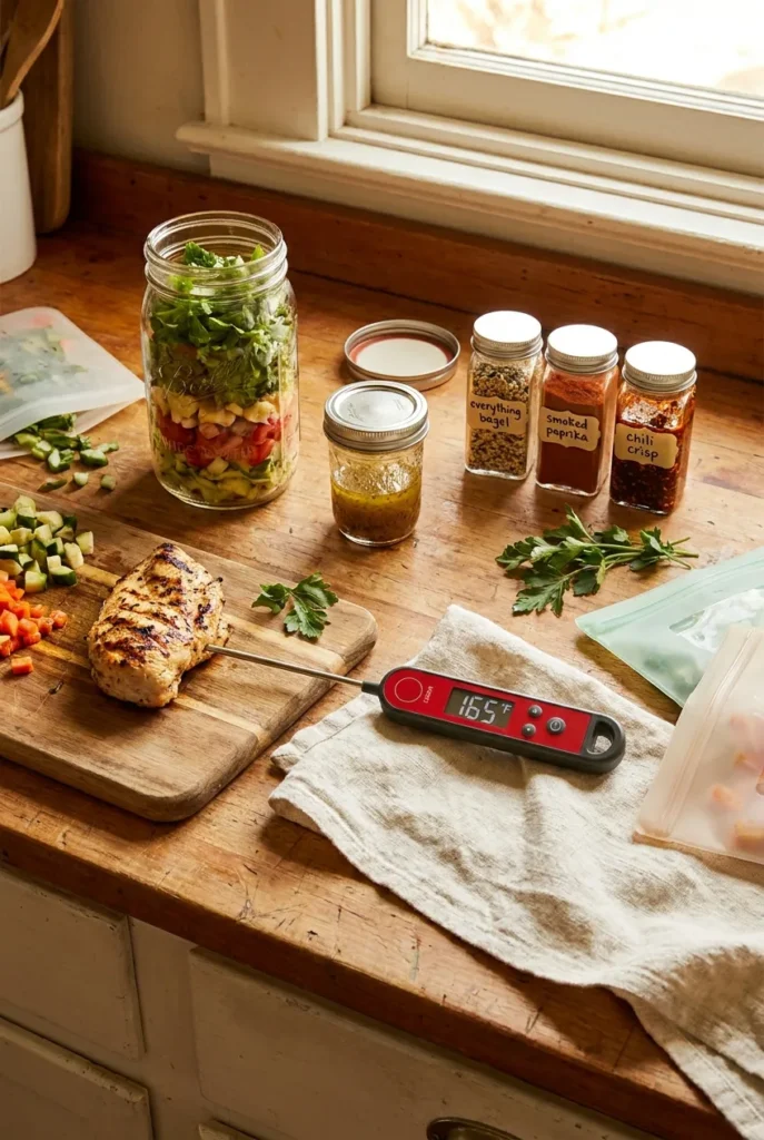 Kitchen counter showing meal prep weight loss tools including instant-read thermometer at 165°F, separate dressing jar, and seasoning spices.