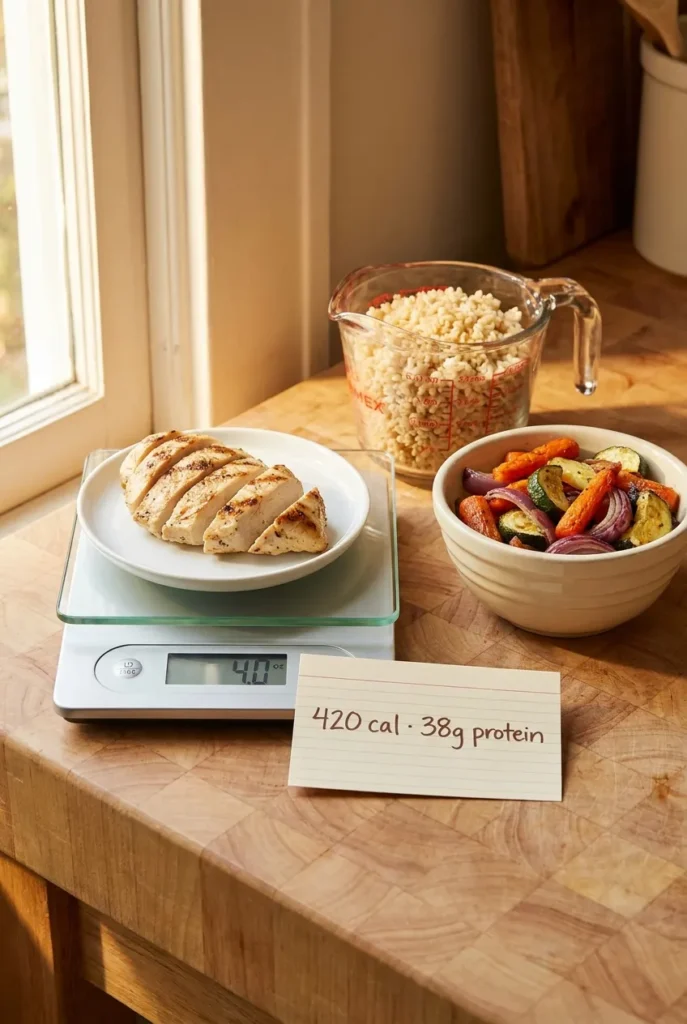 Kitchen scale showing portioned grilled chicken, brown rice, and roasted vegetables with a handwritten calorie card.