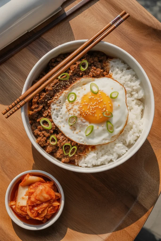 Korean ground beef rice bowl with fried egg, green onions, and sesame seeds in a white ceramic bowl.
