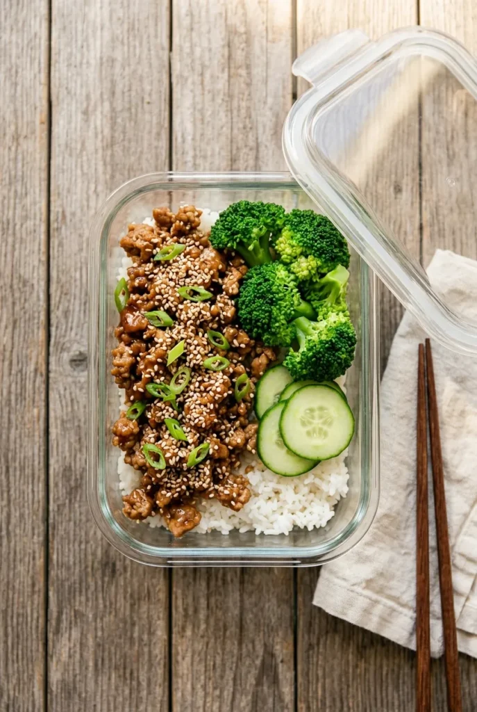 Korean ground turkey rice bowl meal prep with sesame seeds, scallions, broccoli, and cucumber in a glass container.
