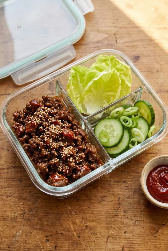 Korean keto beef lettuce cup meal prep with seasoned beef, butter lettuce, cucumber, and scallions.
