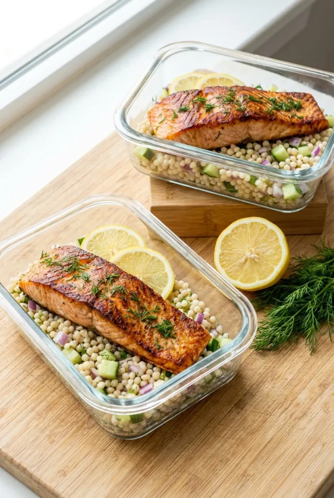 A 45-degree composition of two open meal-prep containers stacked slightly behind each other on a pale oak cutting board, each holding a thick pink-orange salmon fillet with crispy bronze skin face-up showing the texture of pressed grill marks, scattered with fresh chopped dill and thin lemon wheels, set over fluffy pearl couscous mixed with diced cucumber and red onion. A halved lemon and a small bunch of dill sit beside the containers, photo-realistic editorial style, bright morning natural light, very soft shadows.