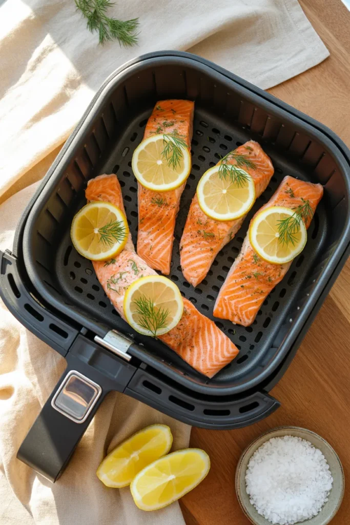 Lemon pepper salmon fillets cooked in an air fryer with lemon slices and fresh dill