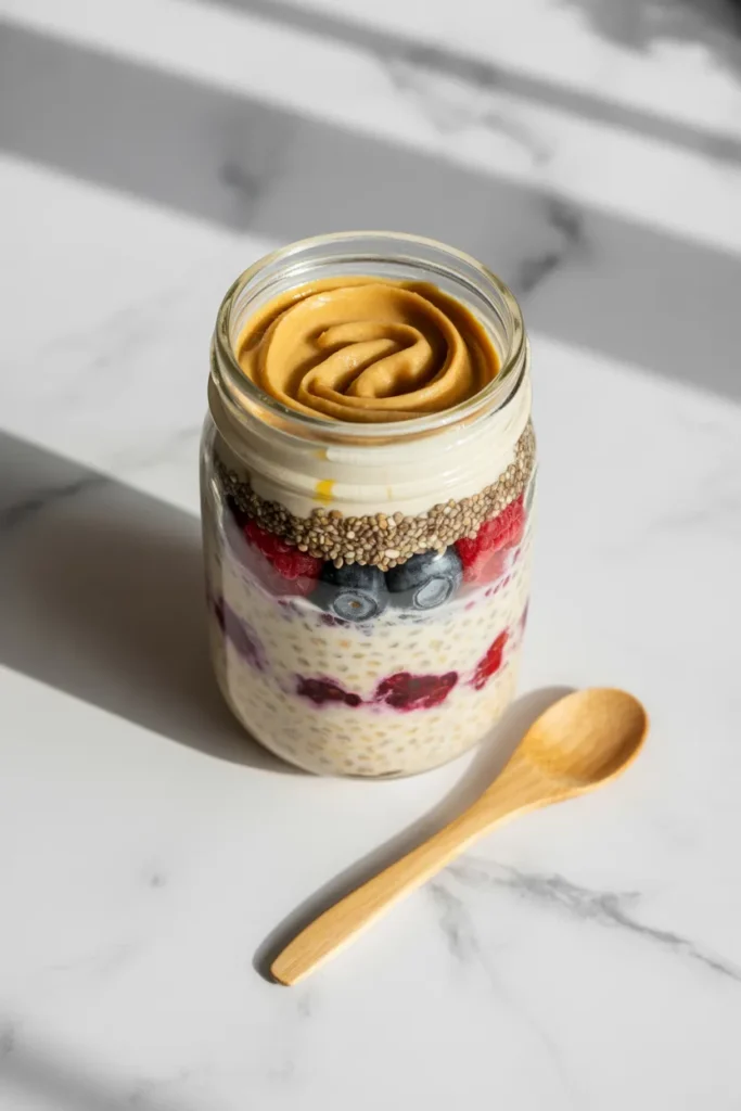 Mason jar overnight oats with chia, hemp seeds, and berries showing high protein vegan breakfast meal prep.