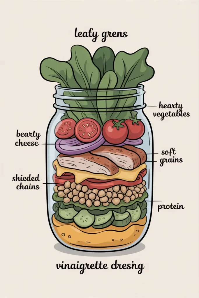 Mason jar salad layer order infographic showing dressing on the bottom and leafy greens on top