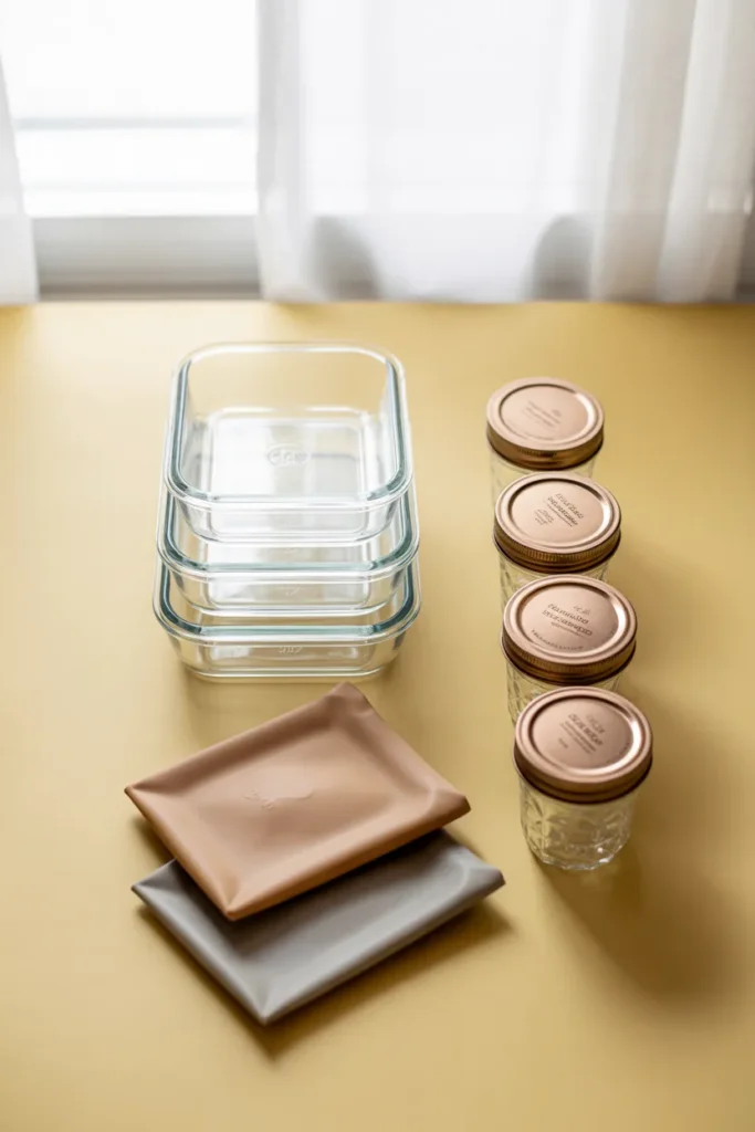 Meal prep container collection with glass containers, mason jars, and silicone bags arranged on a cream surface.