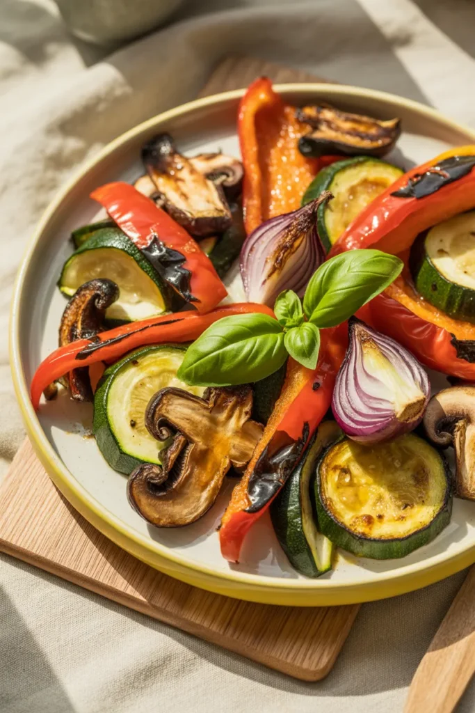 Mixed roasted vegetables with charred edges in a cream ceramic bowl after air frying