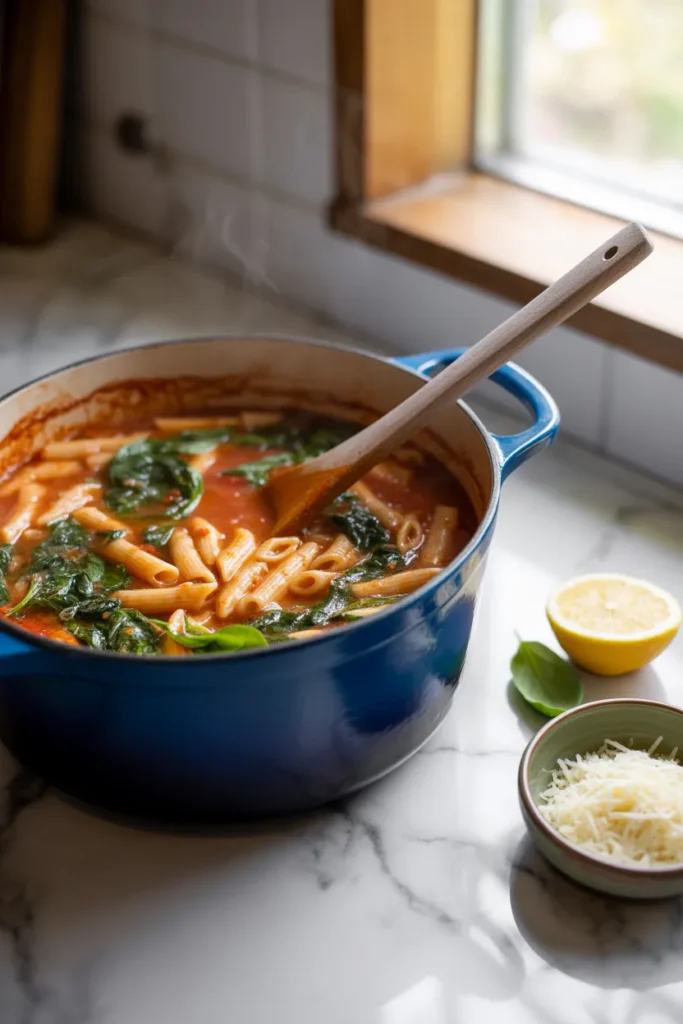 Navy Dutch oven filled with creamy tomato penne pasta and spinach simmering with a wooden spoon resting inside.