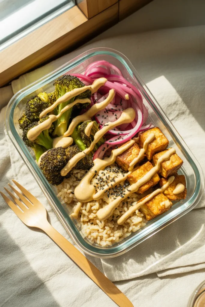Open glass meal prep container with crispy tofu, brown rice, roasted broccoli, and tahini drizzle for high protein vegan lunch.