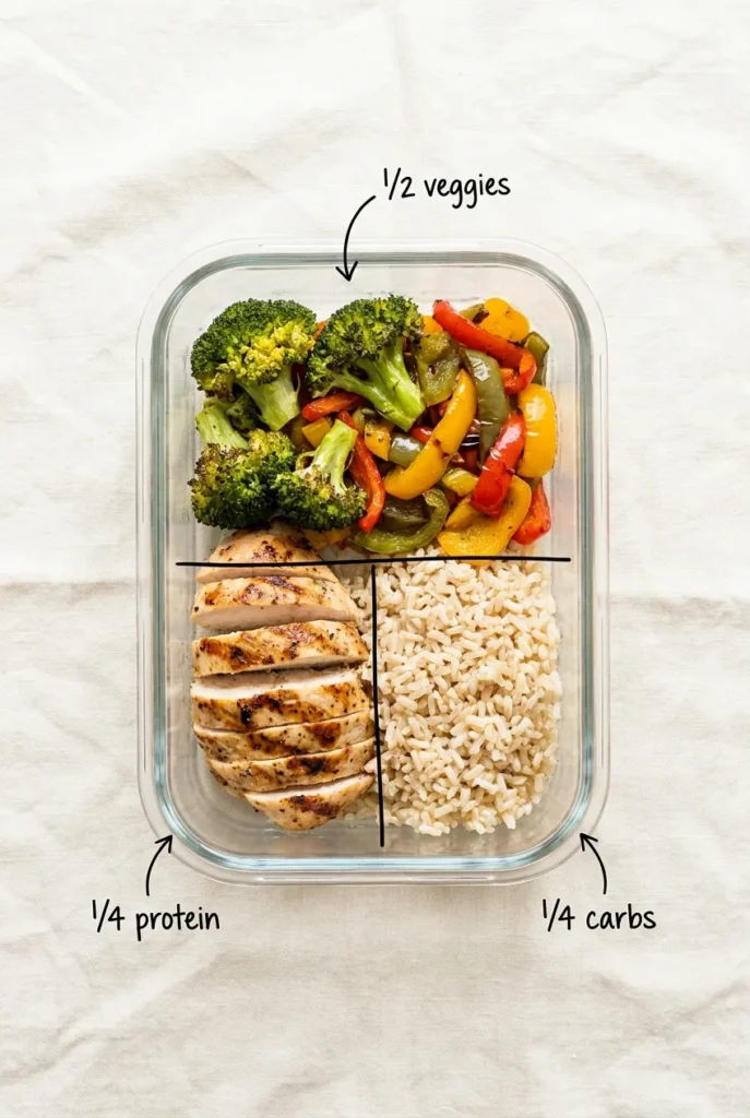 Open meal prep container showing the half plate veggies, quarter protein, quarter carbs ratio for weight loss with handwritten labels.