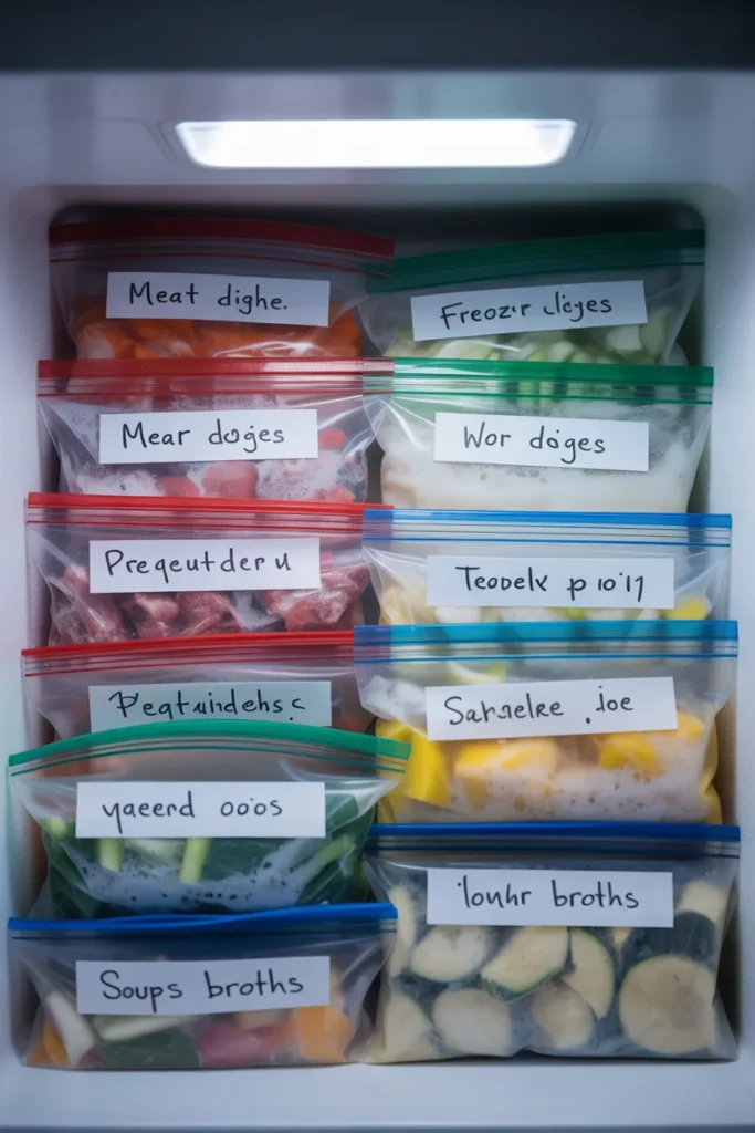 Organized deep freezer drawer with labeled freezer dump bags standing upright like file folders