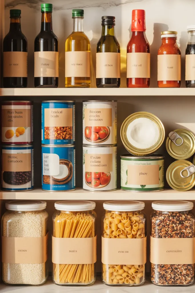 Organized pantry shelf with labeled jars of rice, pasta, quinoa, canned beans, and pantry sauces.