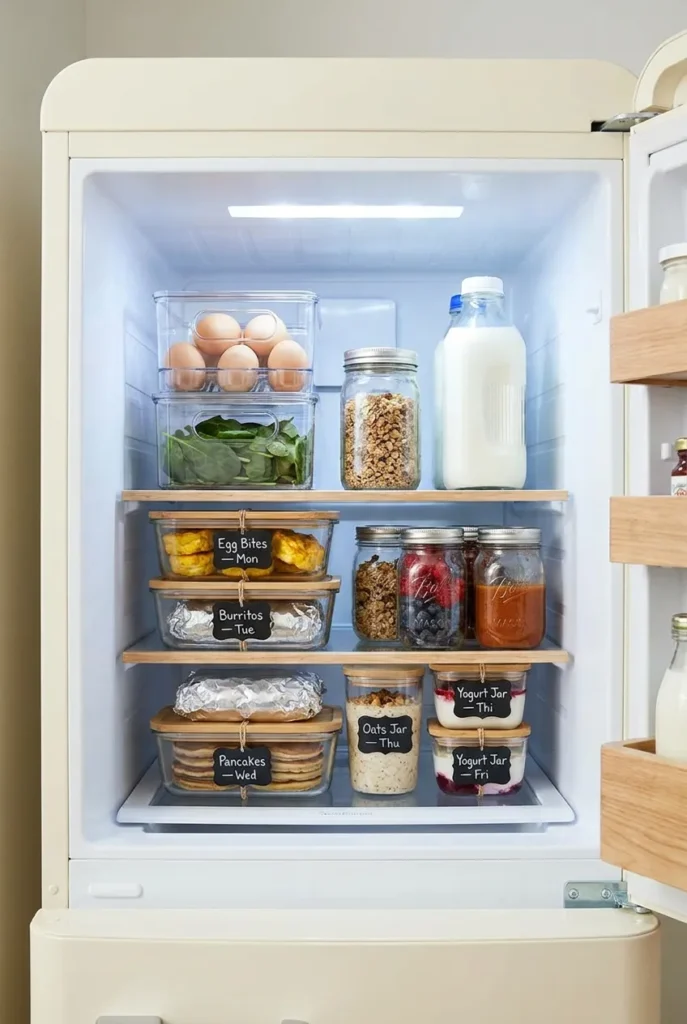 Organized refrigerator with five labeled glass containers and four mason jars of high protein breakfast prep for the week.