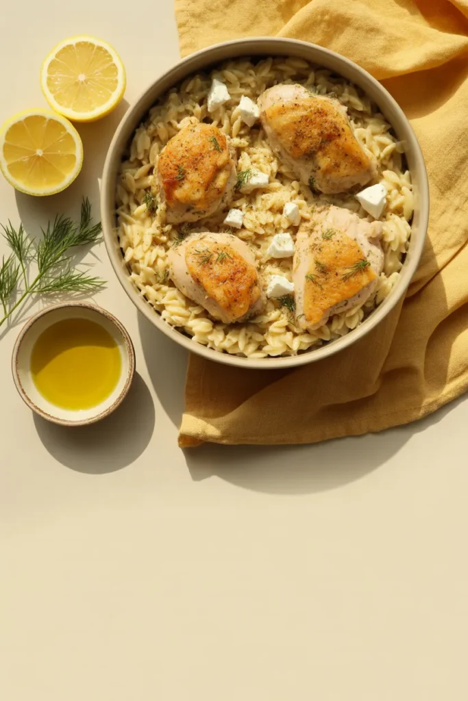 Overhead bowl of lemon garlic chicken orzo with seared chicken thighs, feta, and lemon wedge on linen napkin ready for Pinterest title overlay.