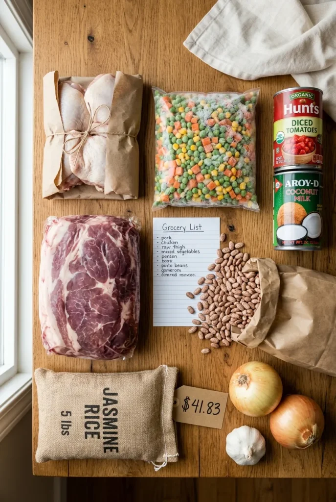 Overhead flat lay of an Aldi grocery cart totaling $41.83 for five family slow cooker dinners.