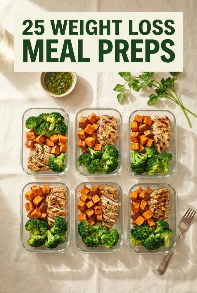 Overhead flat lay of six glass meal prep containers with grilled chicken, sweet potato, and broccoli on a cream linen background.