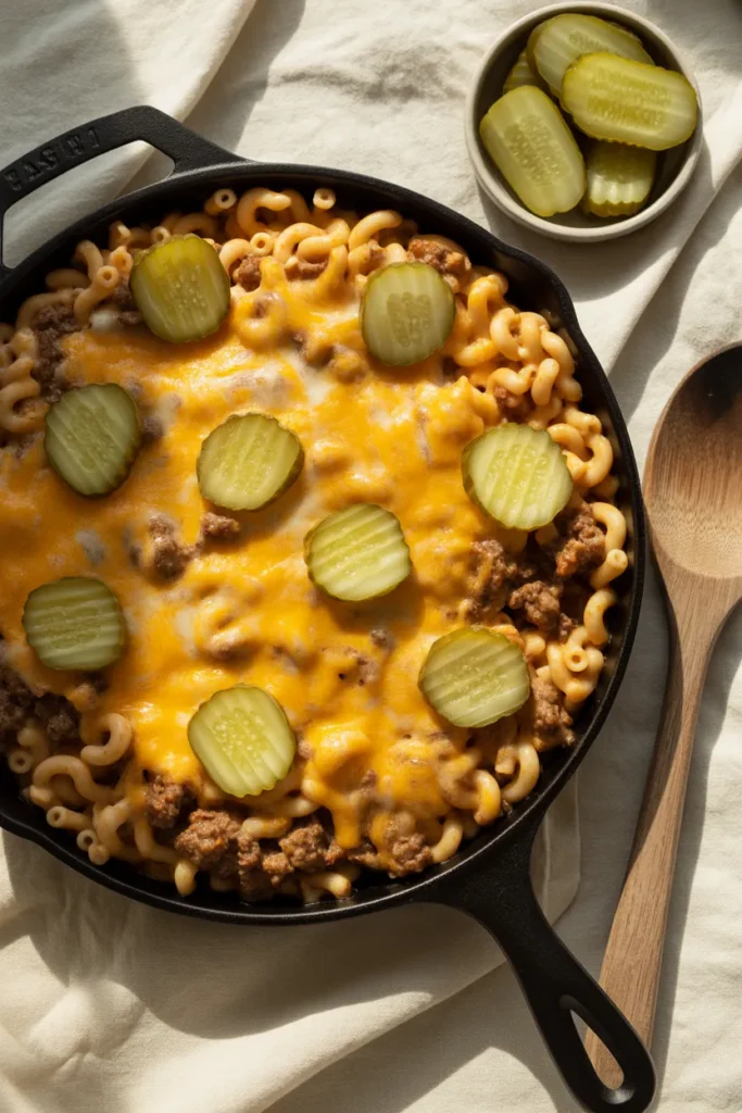 Overhead shot of cast iron skillet filled with one pot cheeseburger pasta topped with melted cheddar and sliced pickles.
