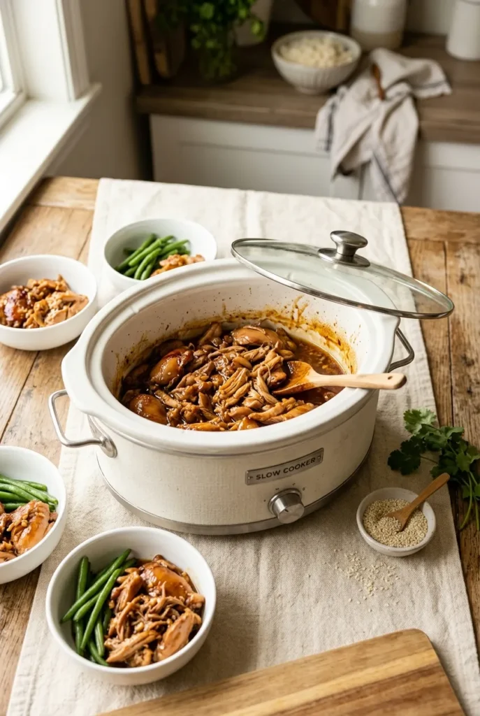 Overhead slow cooker filled with shredded honey garlic chicken thighs and four ceramic meal prep bowls on cream linen.