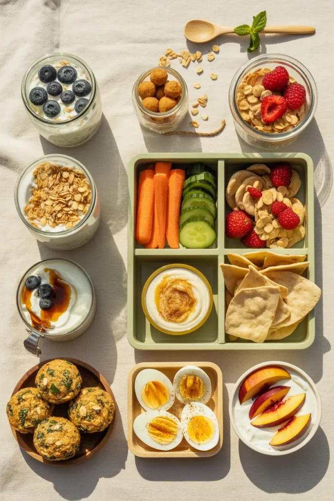 Overhead view of eight healthy snack meal prep containers arranged for the week including protein balls, overnight oats, and snack boxes.