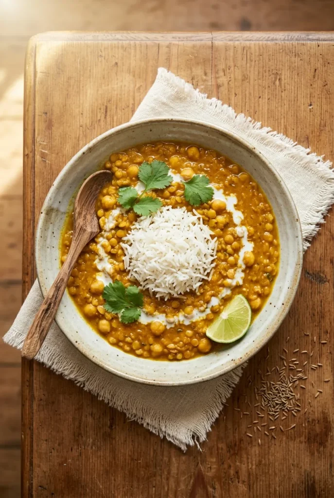 Overhead view of golden vegetarian red lentil curry over basmati rice in a wide ceramic bowl with cilantro and lime.