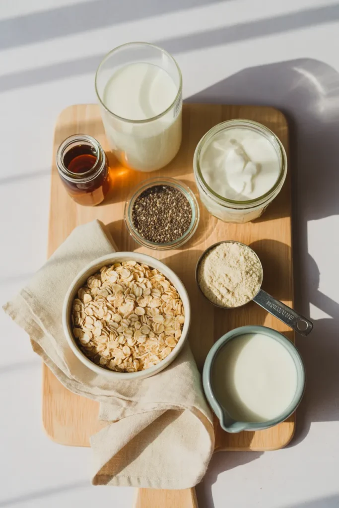 Overhead view of overnight oats ingredients including rolled oats, Greek yogurt, chia seeds, and protein powder on a wood board