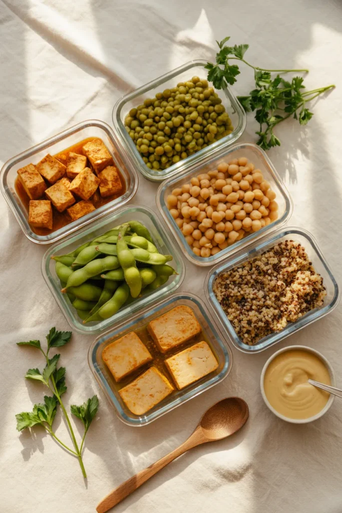Overhead view of six glass meal prep containers showing tofu, lentils, chickpeas, edamame, tempeh, and quinoa for vegan protein sources.