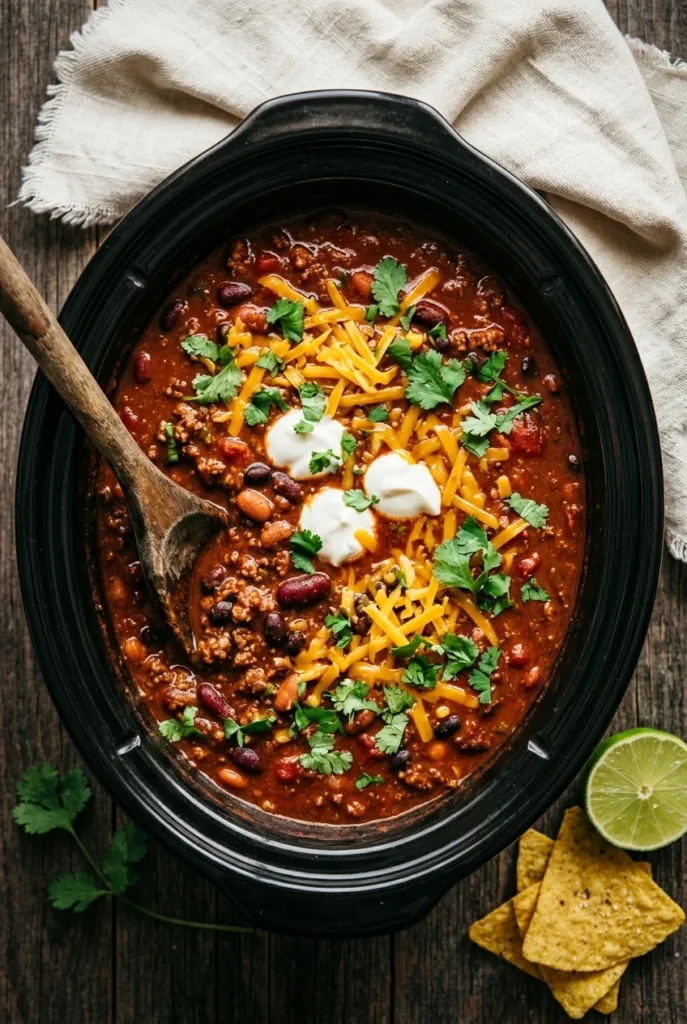 Overhead view of three-bean beef chili in a slow cooker topped with sour cream, cheddar, and cilantro.
