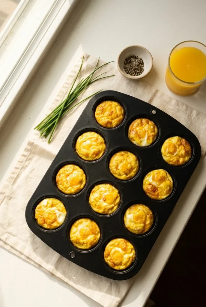 Overhead view of twelve baked egg muffin cups in a silicone muffin tin on a cream linen napkin.