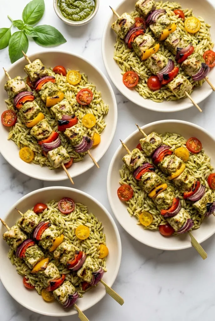 Pesto grilled chicken kebabs on bamboo skewers over orzo pasta with cherry tomatoes and basil.