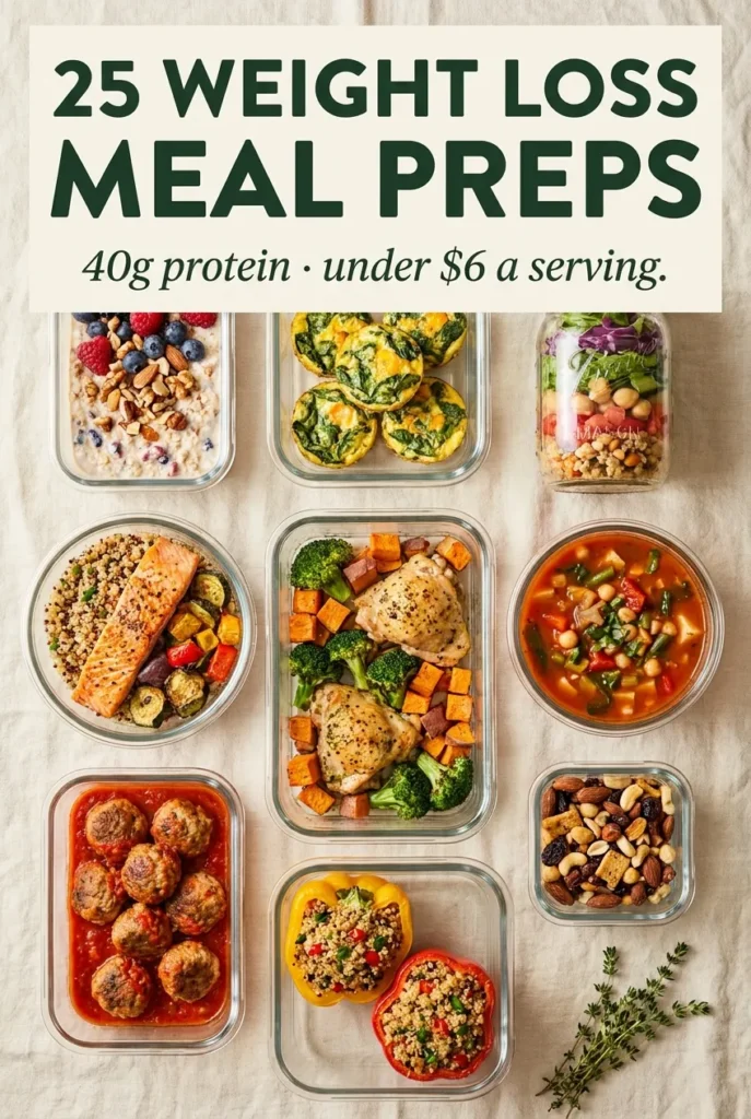 Pinterest cover image with nine weight loss meal prep recipes in glass containers including overnight oats, mason jar salad, salmon bowl, and turkey meatballs