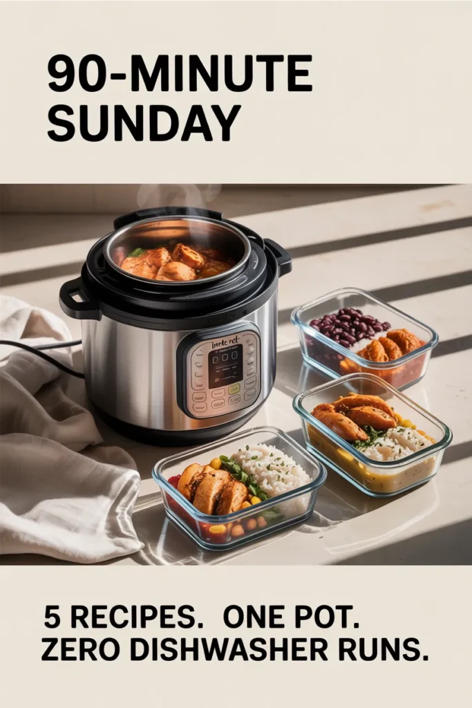 Pinterest pin for 90-minute Sunday Instant Pot meal prep system showing one pot and three meal prep containers.