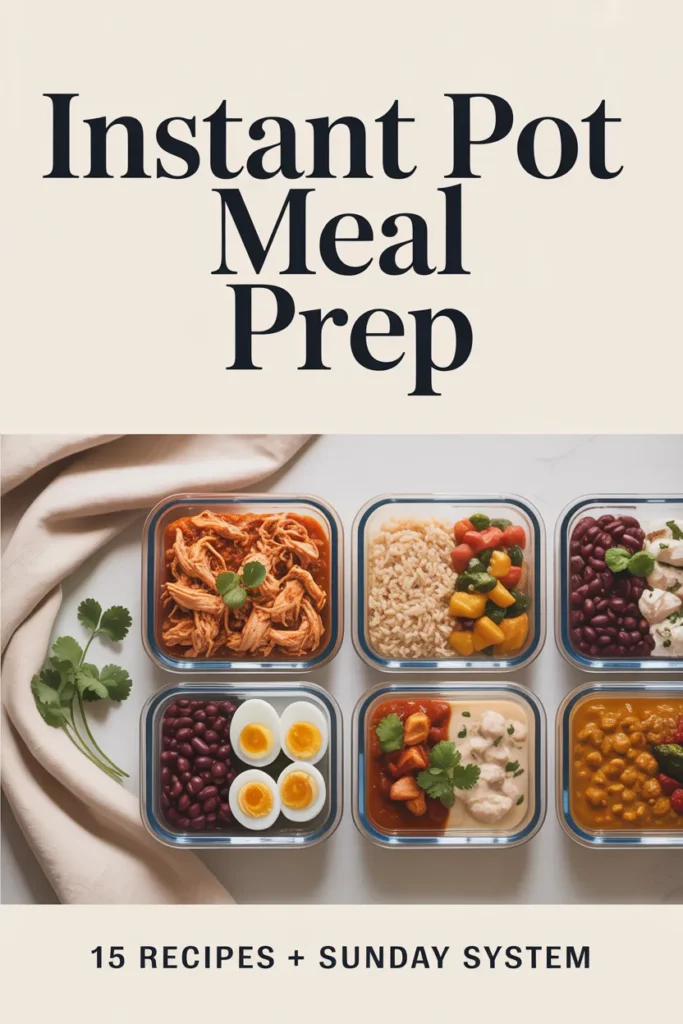 Pinterest pin showing 15 Instant Pot meal prep recipes in glass containers with title overlay.