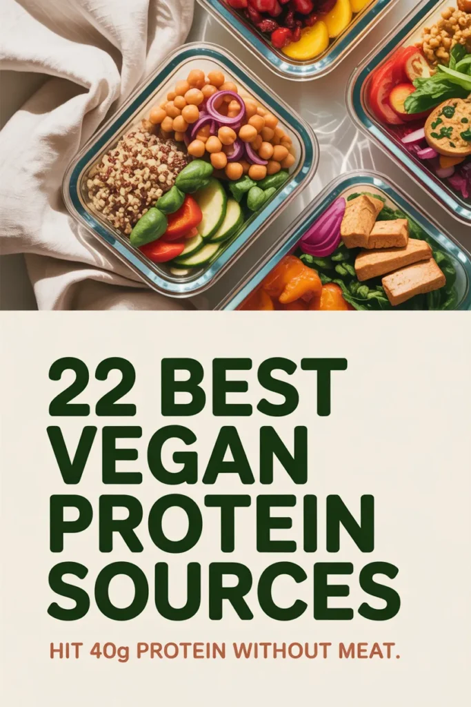 Pinterest pin showing 22 best vegan protein sources to hit 40g of protein per meal without meat for plant-based meal prep.