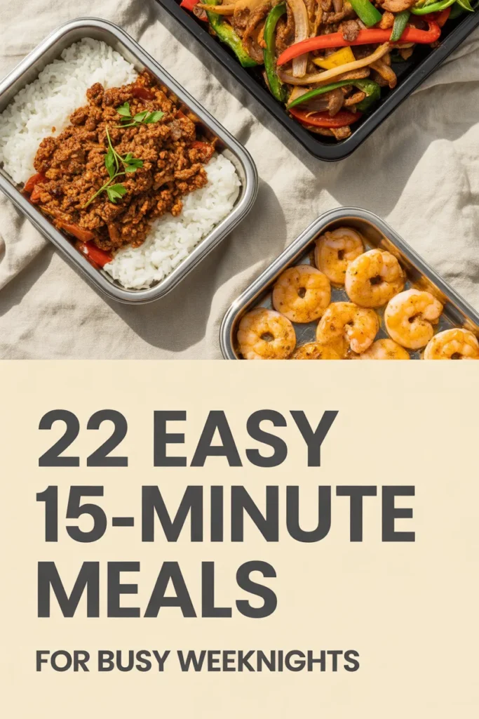 Pinterest pin showing three meal prep containers with the title 22 Easy 15-Minute Meals for Busy Weeknights.