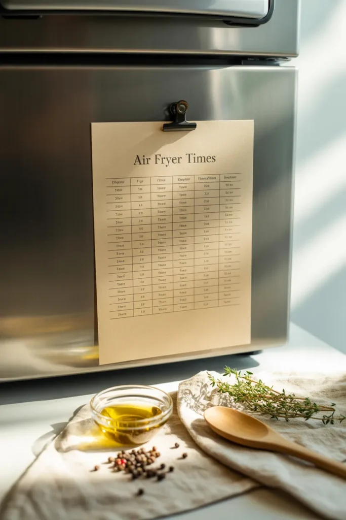 Printed air fryer cooking times chart on a fridge door with seasonings nearby