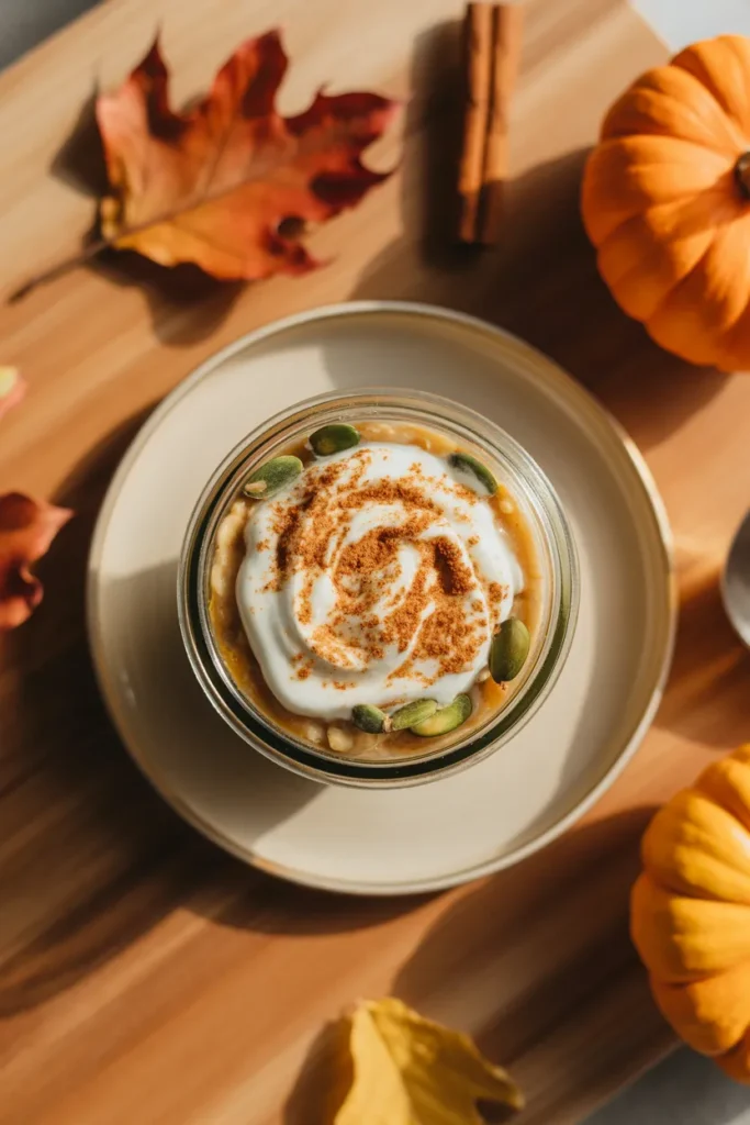 Pumpkin spice overnight oats topped with pepitas and yogurt swirl for fall breakfast meal prep