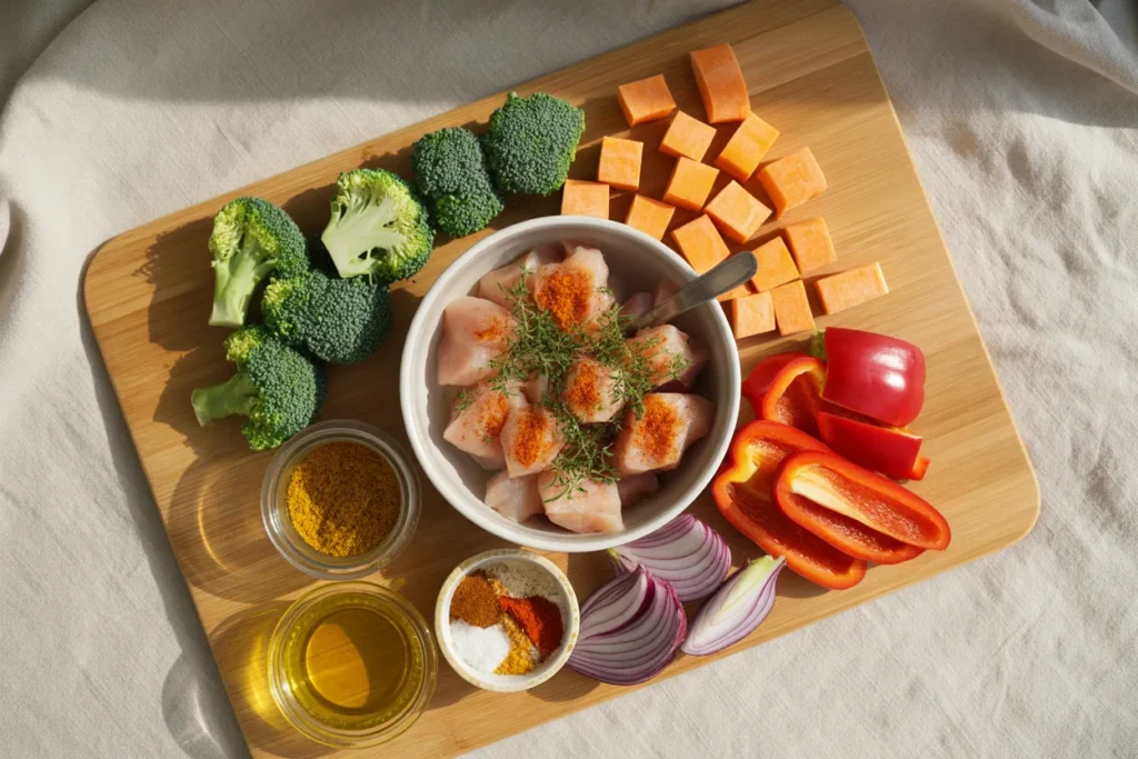 Raw ingredients for sheet pan chicken meal prep with seasonings and chopped vegetables on a cutting board