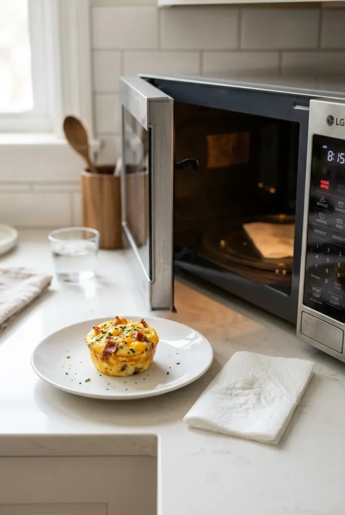 Reheated egg muffin cup on a white plate with a damp paper towel beside a microwave.