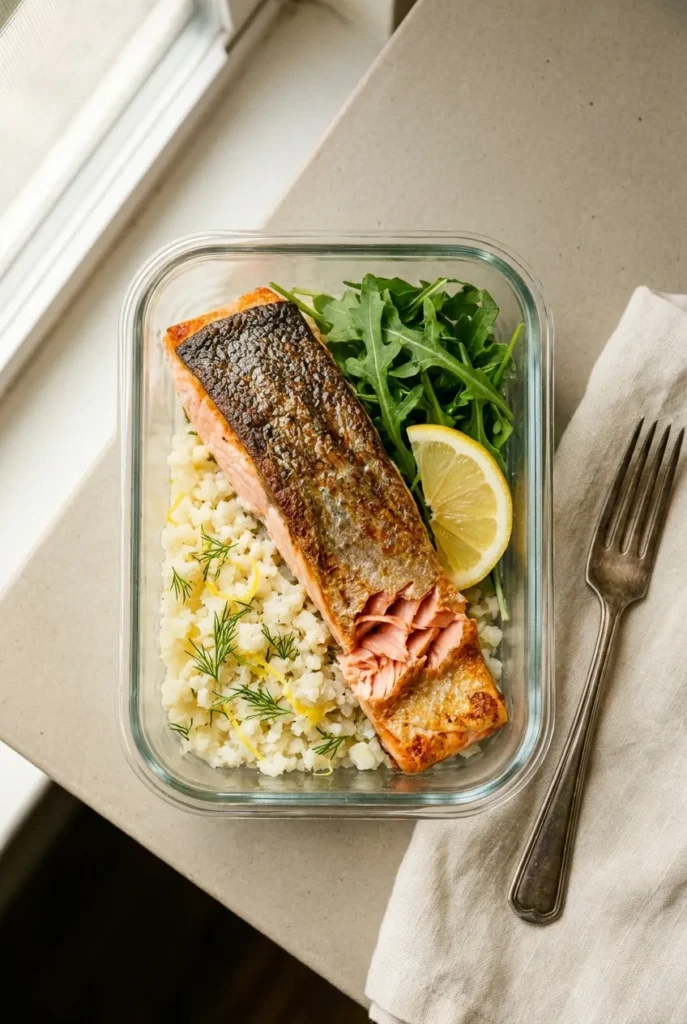 Roasted salmon keto meal prep bowl on cauliflower rice with lemon, dill, and arugula