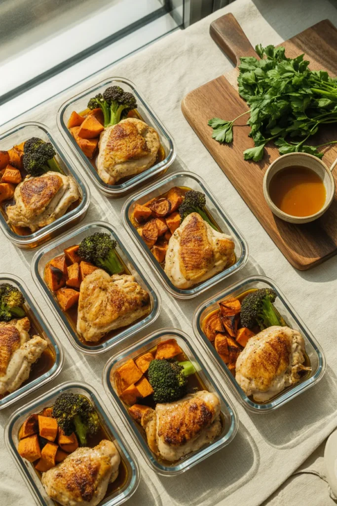 Seven air fryer meal prep containers with chicken, roasted vegetables, and grains arranged overhead