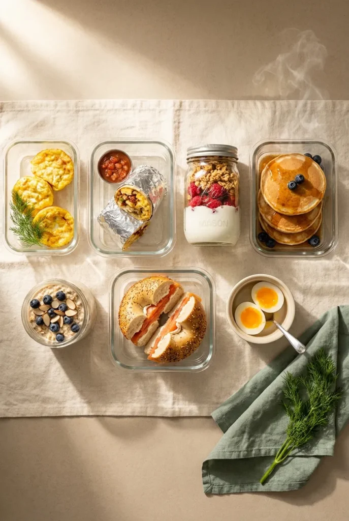 Seven glass meal prep containers with high protein breakfast options on cream linen.