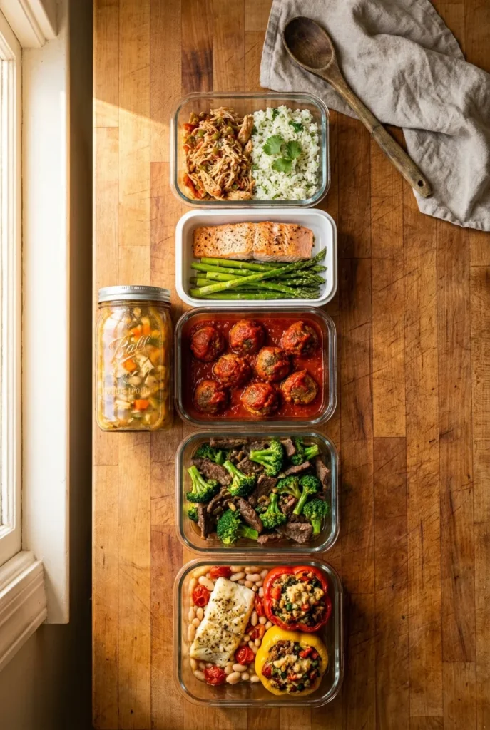 Seven meal prep containers showing weight loss dinner ideas including salsa chicken, salmon, turkey meatballs, soup, beef and broccoli, cod, and stuffed peppers.