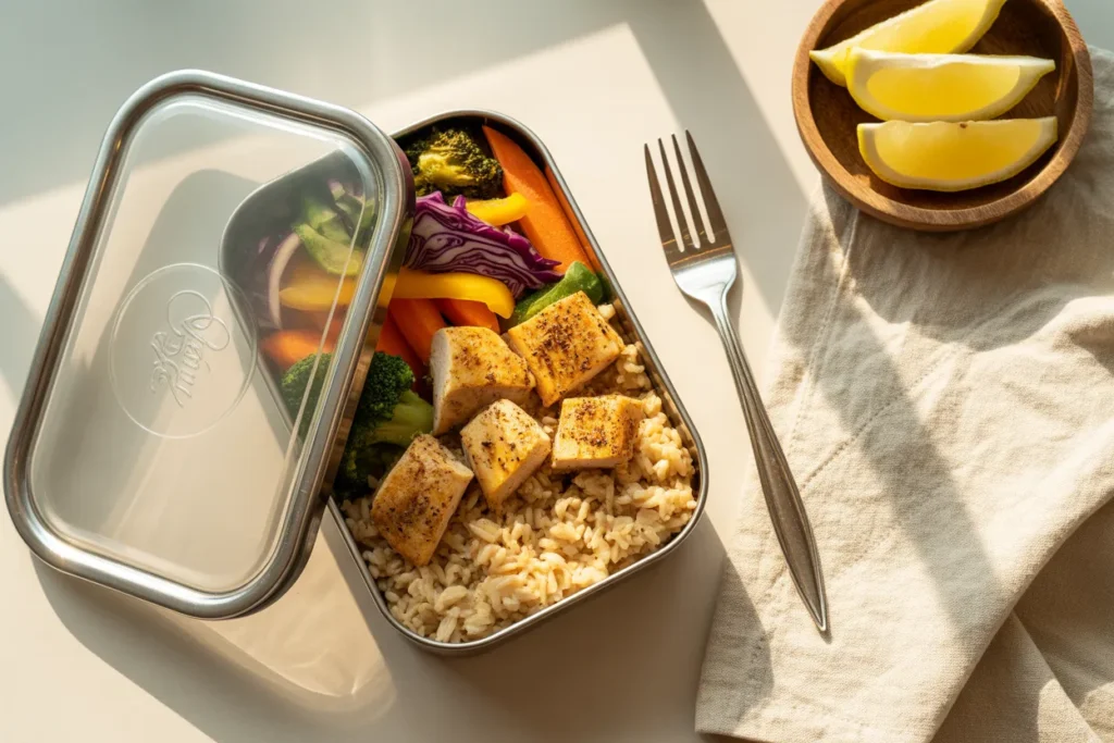Sheet pan chicken meal prep container open with brown rice, golden chicken, and rainbow vegetables and a fork